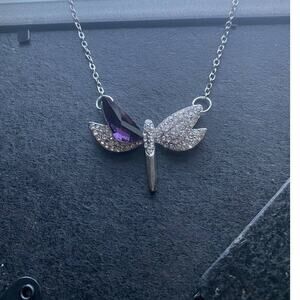 PURPLE AMETHYST Crystal Rhinestone Cubic Zirconia CZ Gemstone Dragonfly Necklace